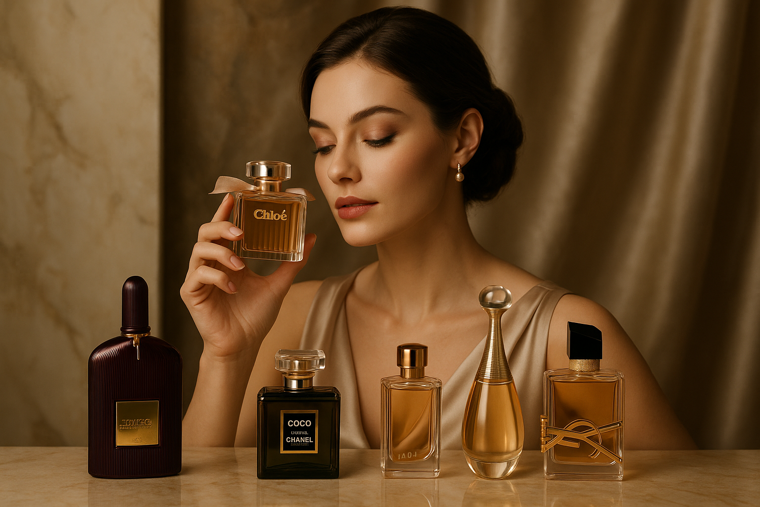 gere imagen de alta qualidade elegancia feminino exibindo perfume de Marcas 